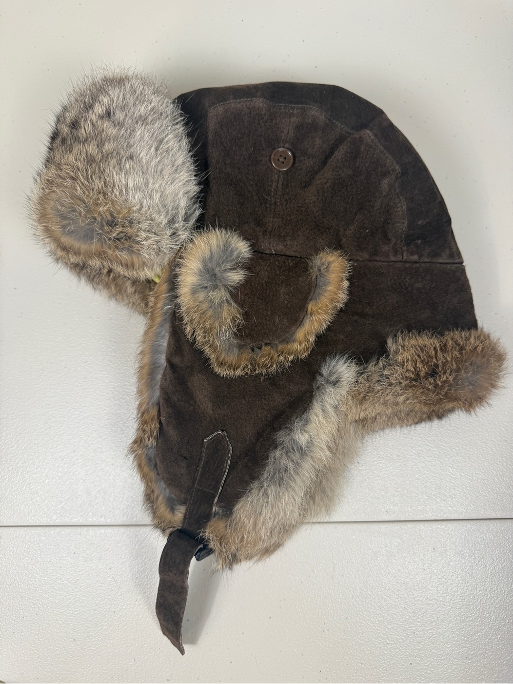 Vintage Trapper Hat Mens Medium Brown Suede Genuine Rabbit Fur Aviator Ushanka